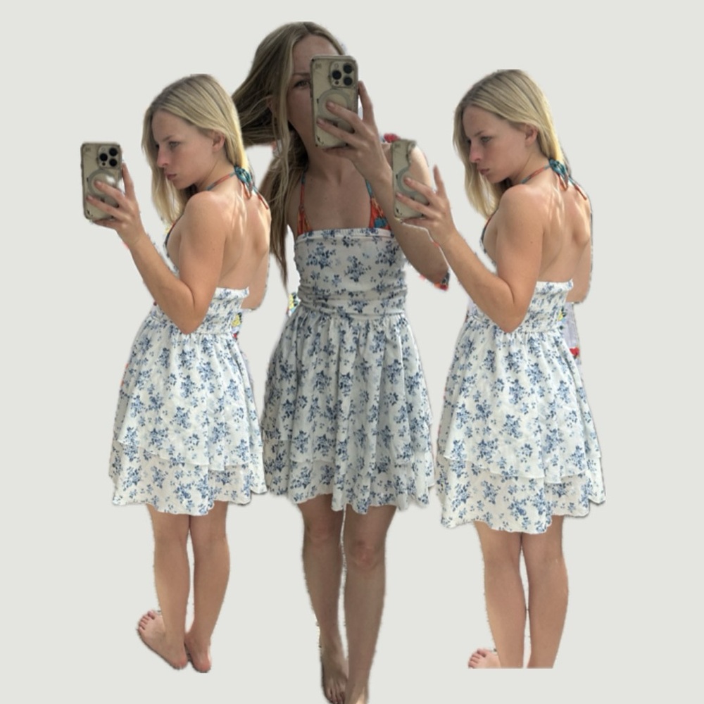 WOMENS Blue Floral Sundress - Sleeveless Tiered Summer Dress